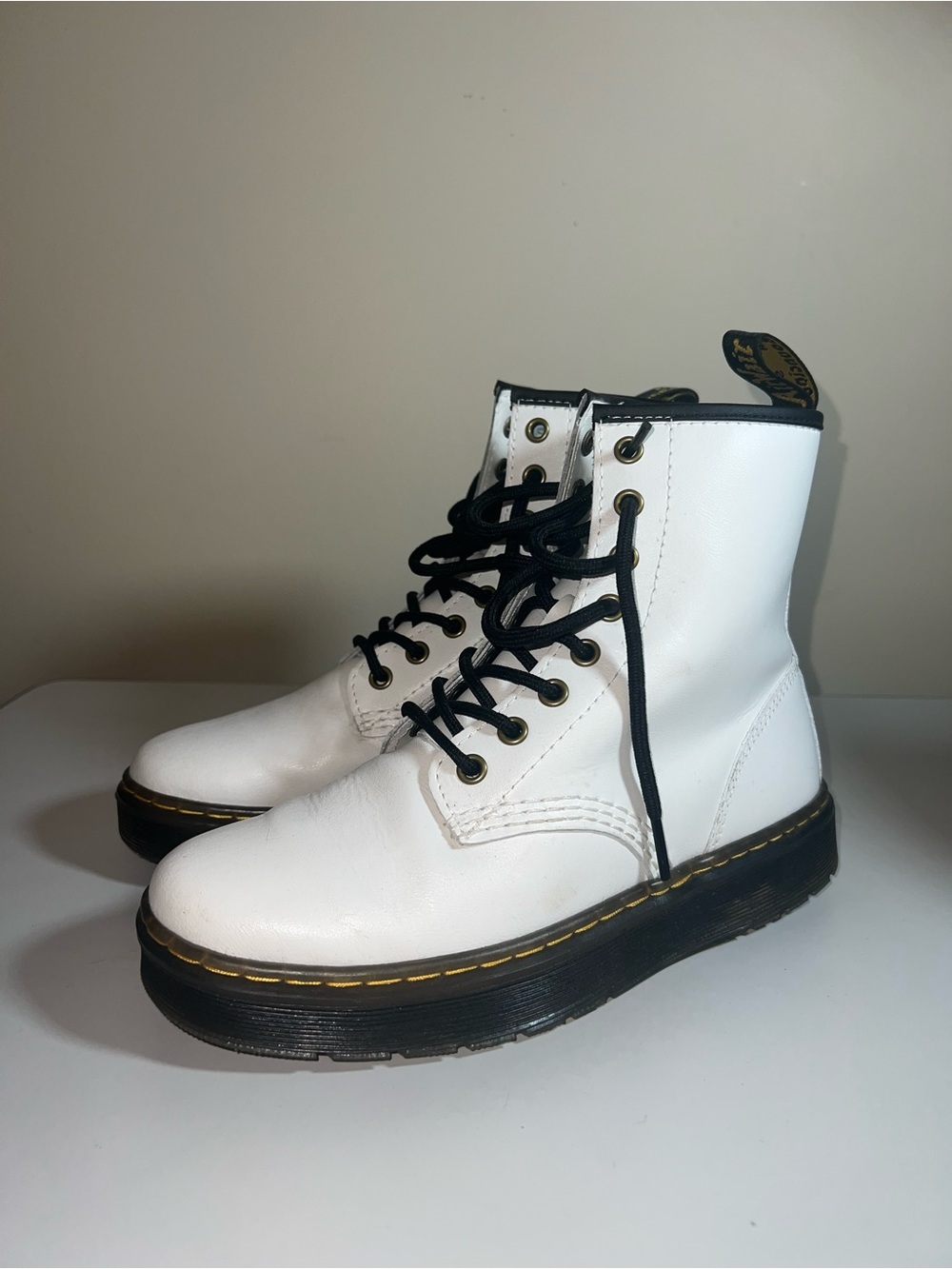 Dr. Martens White Leather Lace-Up Boots with Black Trim